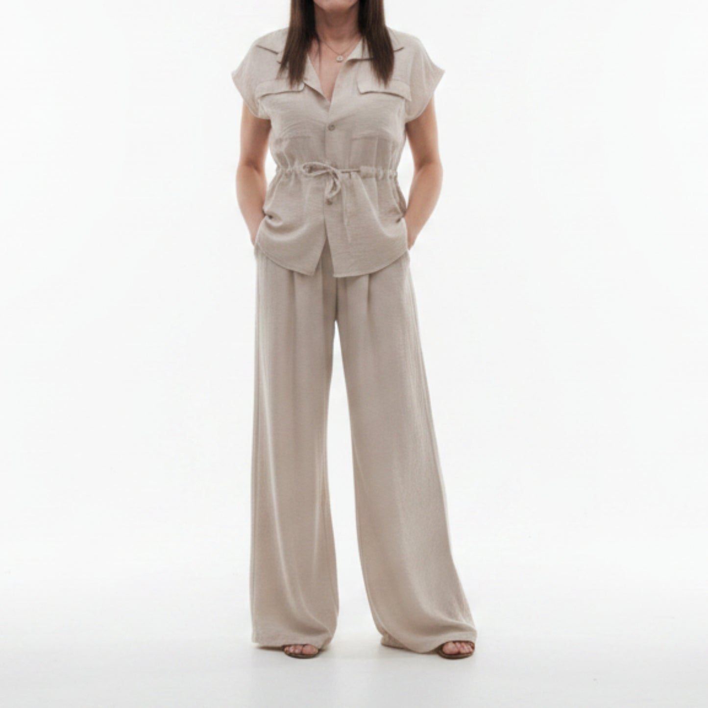 COMPLETO ESTIVO FRESCO E LEGGERO, CAMICIA REGOLABILE + PANTALONE LARGO VITA ELASTICA (S-L)