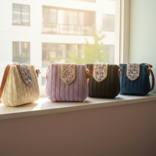 BORSA IN RAFIA CON PIETRINE COLORATE E CHIUSURA A CLIP - TRACOLLA