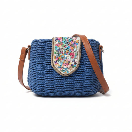 BORSA IN RAFIA CON PIETRINE COLORATE E CHIUSURA A CLIP - TRACOLLA