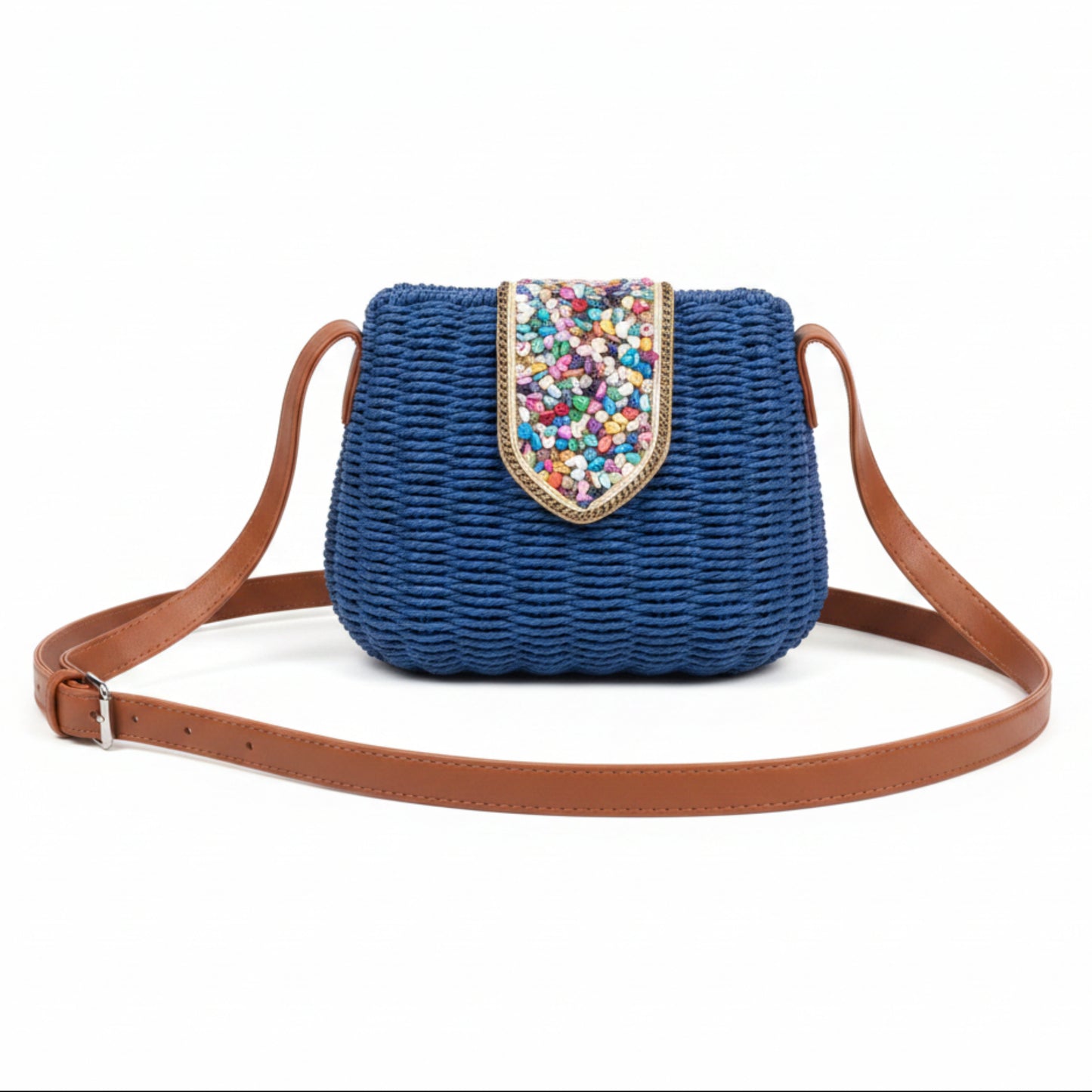 BORSA IN RAFIA CON PIETRINE COLORATE E CHIUSURA A CLIP - TRACOLLA