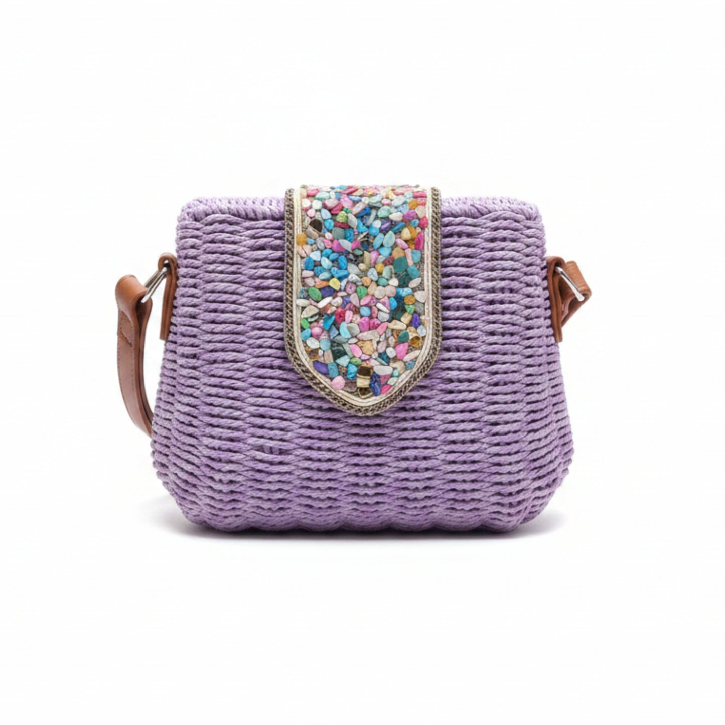 BORSA IN RAFIA CON PIETRINE COLORATE E CHIUSURA A CLIP - TRACOLLA