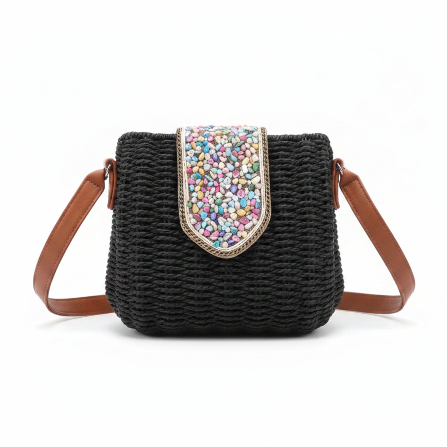 BORSA IN RAFIA CON PIETRINE COLORATE E CHIUSURA A CLIP - TRACOLLA
