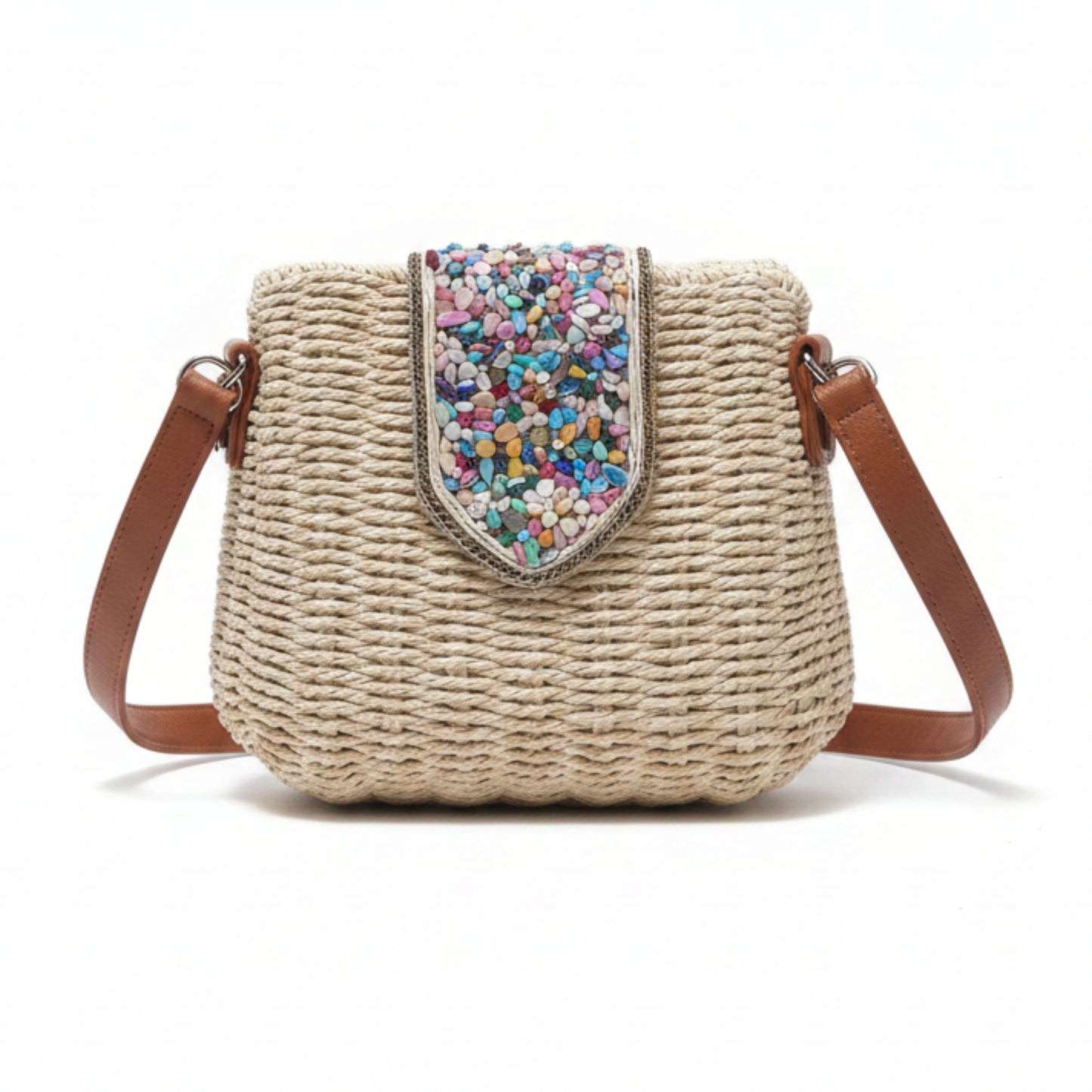 BORSA IN RAFIA CON PIETRINE COLORATE E CHIUSURA A CLIP - TRACOLLA