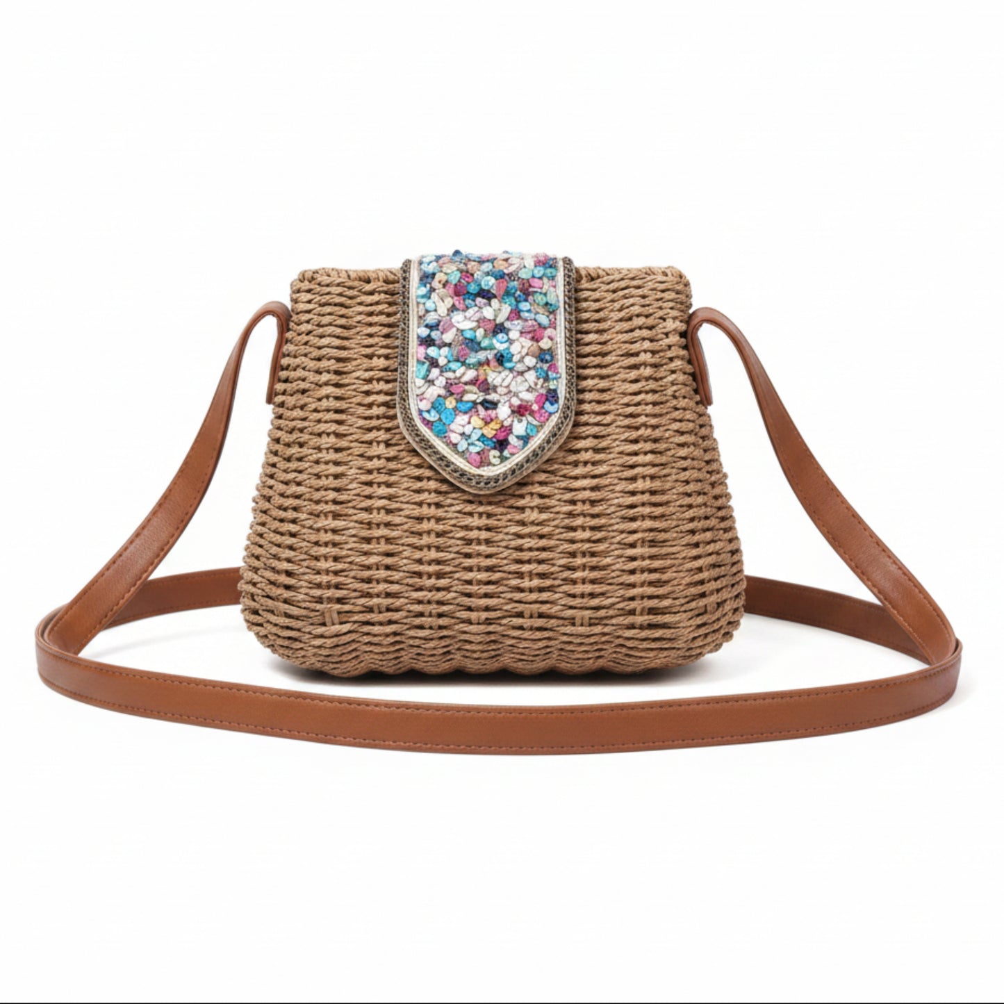 BORSA IN RAFIA CON PIETRINE COLORATE E CHIUSURA A CLIP - TRACOLLA