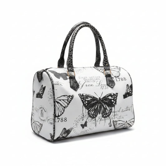 BORSA BALULETTO BIANCA CON FARFALLE NERE - CAPIENTE, MANO E TRACOLLA