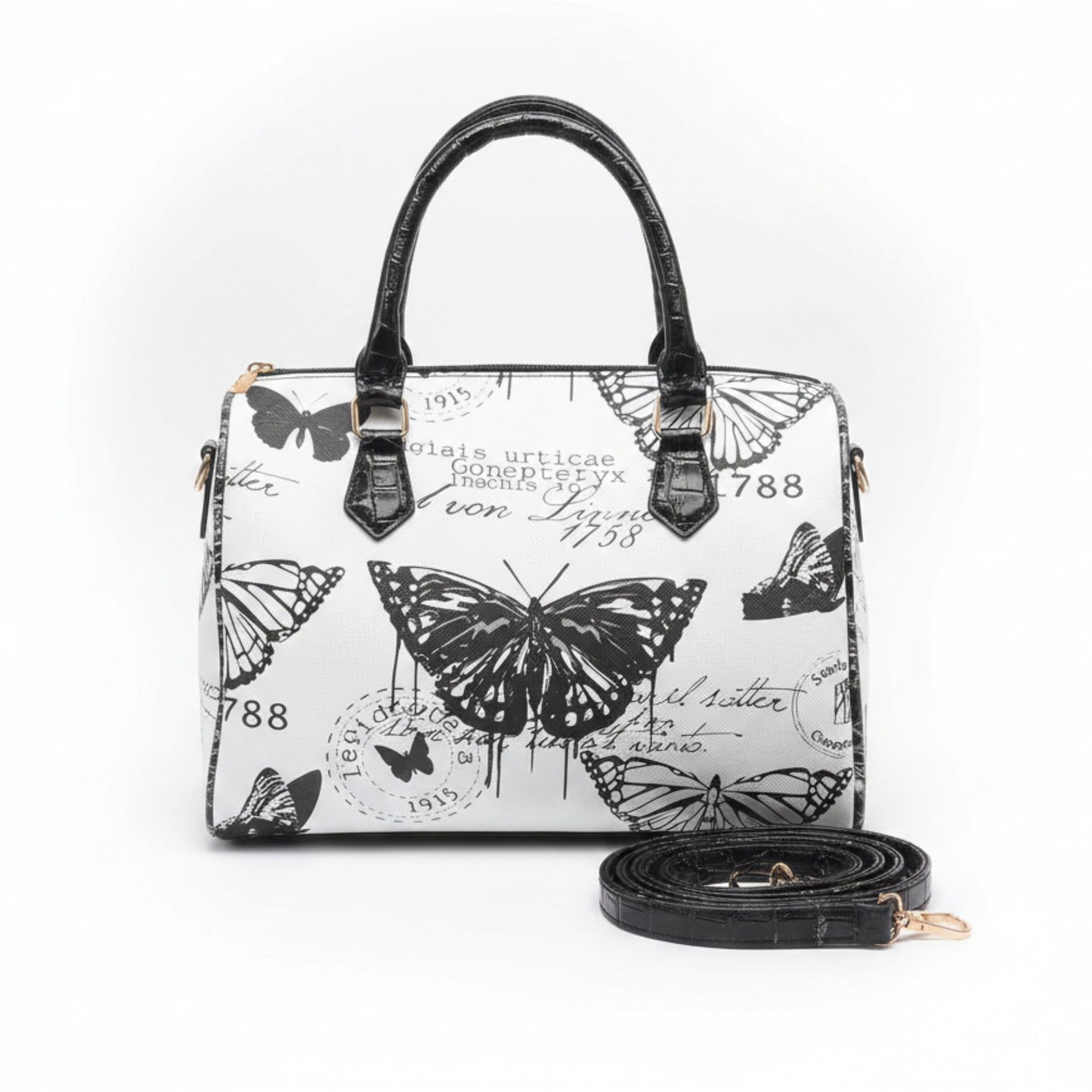 BORSA BALULETTO BIANCA CON FARFALLE NERE - CAPIENTE, MANO E TRACOLLA