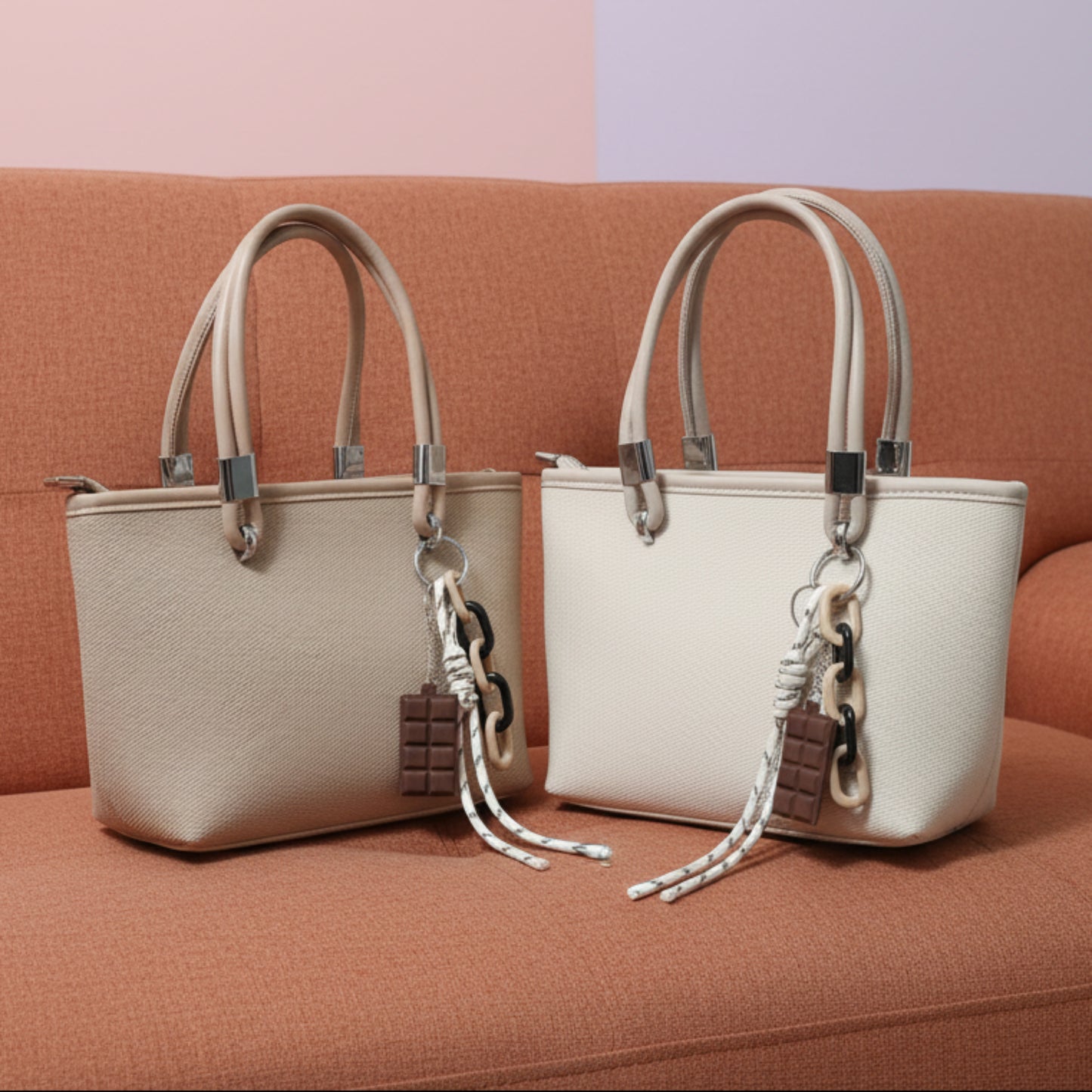 MINI BAG BEIGE/KHAKI CON CHARM CIOCCOLATO - TRACOLLA REMIVIBILE E ZIP