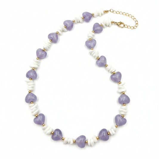 COLLANA CUORE IN ACCIAIO INOX GOLD E PIETRE BIANCHE/LILLA