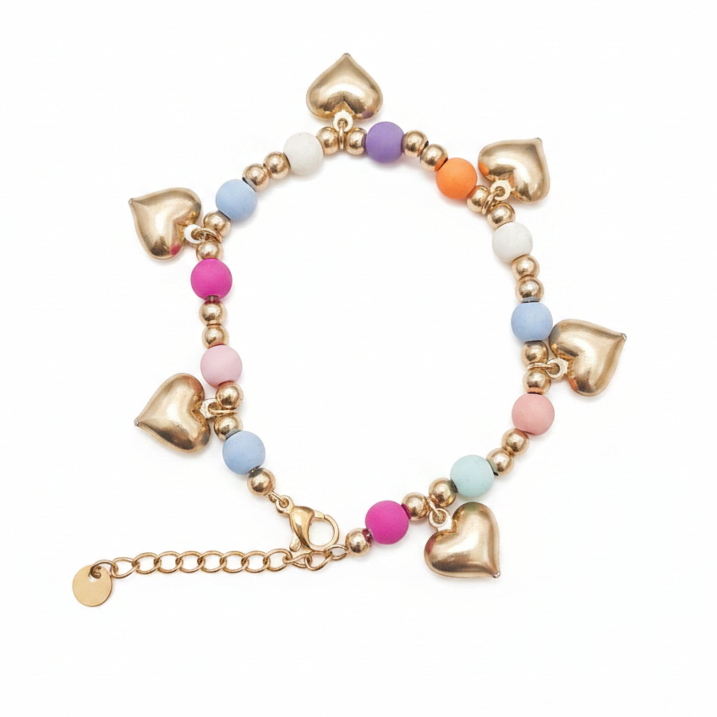 BRACCIALE IN ACCIAIO GOLD ESTIVO CON PERLINE COLORATE E CUORI
