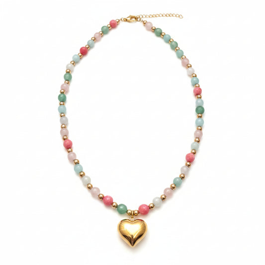 COLLLANA IN ACCIAIO GOLD CON PERLINE COLORATE E CUORE CHIC REGOLABILE