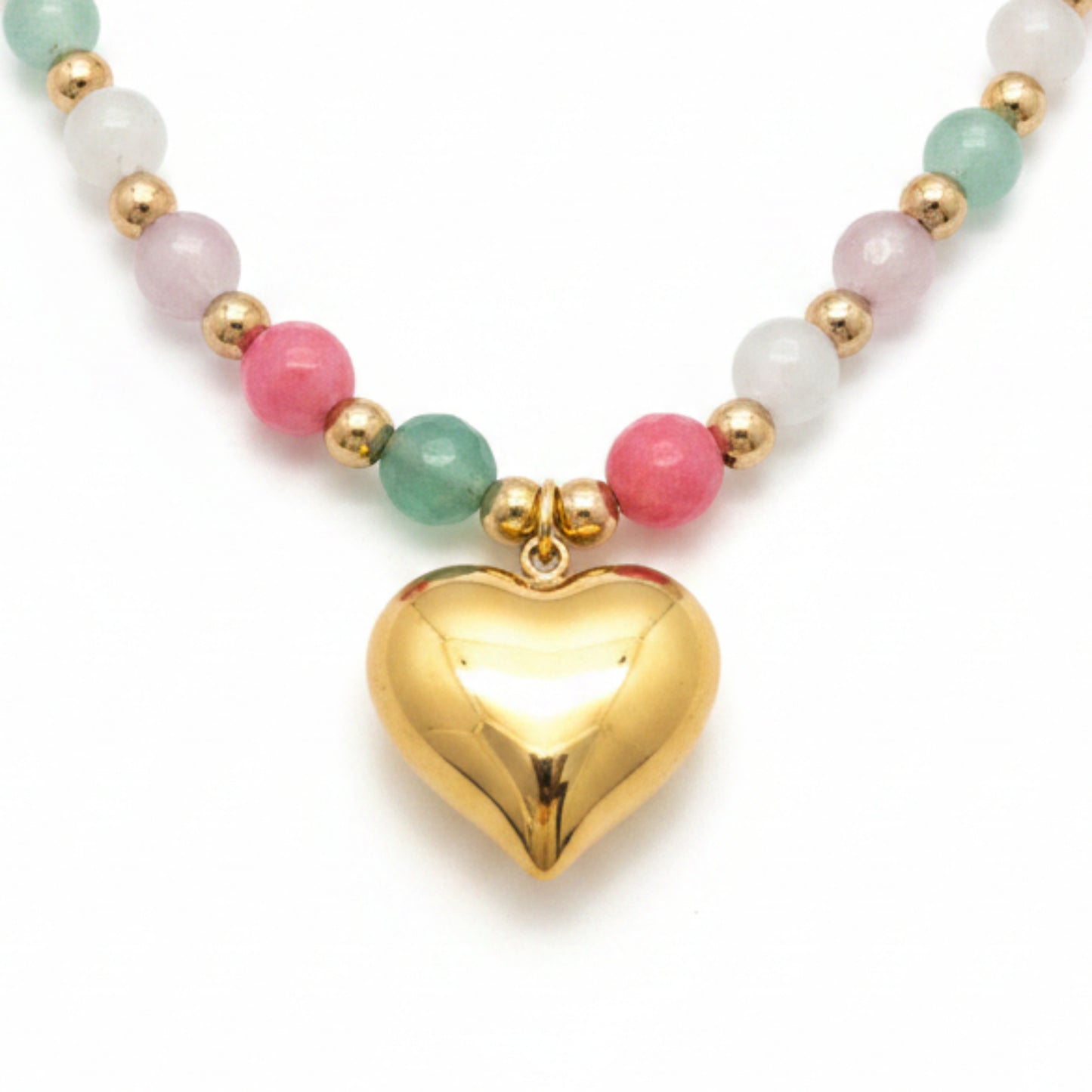 COLLLANA IN ACCIAIO GOLD CON PERLINE COLORATE E CUORE CHIC REGOLABILE