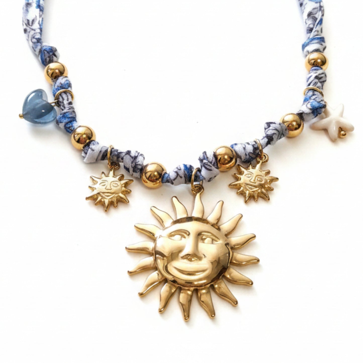 COLLANA SOLE CON TESSUTO FANTASIA BLU E BIANCO IN ACCIAIO GOLD REGOLABILE