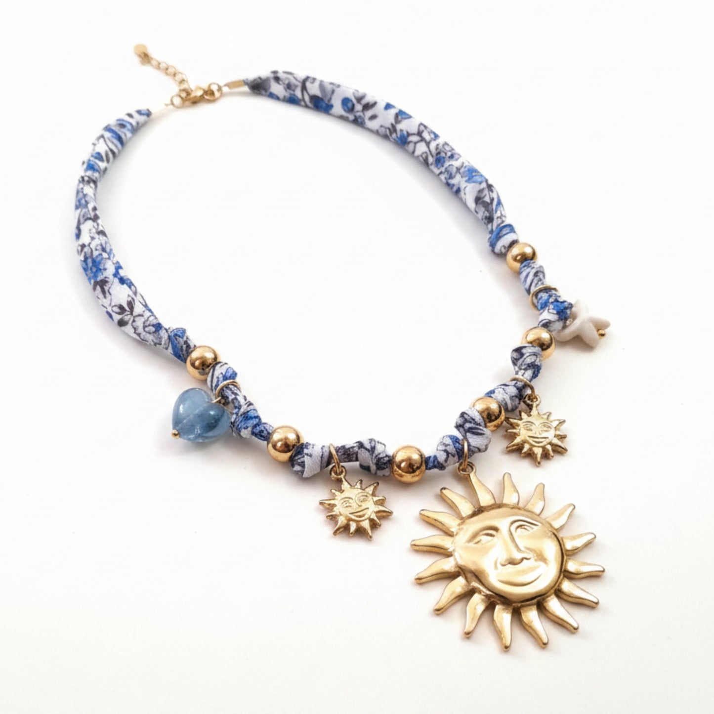 COLLANA SOLE CON TESSUTO FANTASIA BLU E BIANCO IN ACCIAIO GOLD REGOLABILE