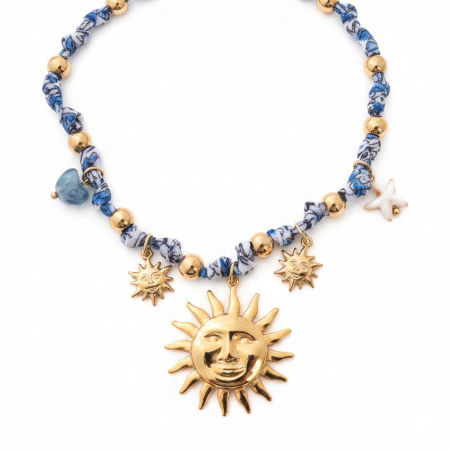 COLLANA SOLE CON TESSUTO FANTASIA BLU E BIANCO IN ACCIAIO GOLD REGOLABILE