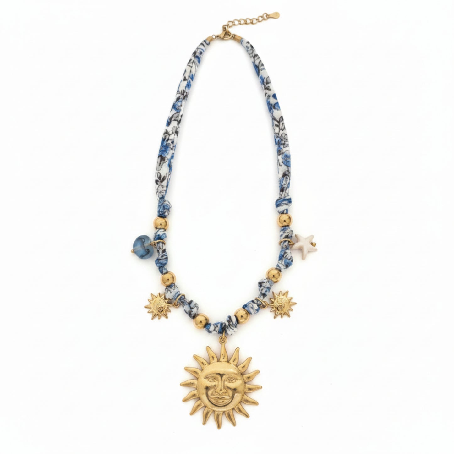 COLLANA SOLE CON TESSUTO FANTASIA BLU E BIANCO IN ACCIAIO GOLD REGOLABILE