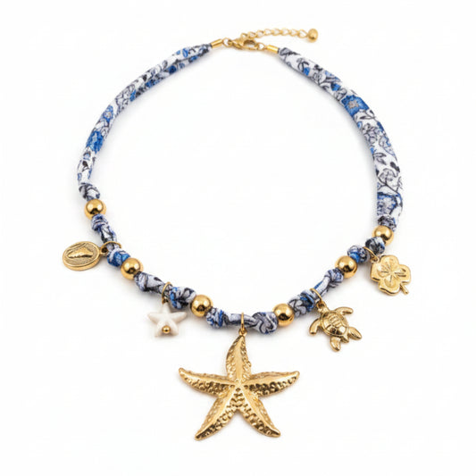 COLLANA STELLA MARINA CON TESSUTO FANTASIA BLU E BIANCO IN ACCIAIO GOLD
