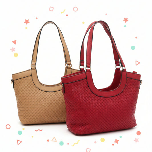 BORSA INTRECCIATA MEDIA A SPALLA  E TRACOLLA - BEIGE E ROSSO CON ZIP