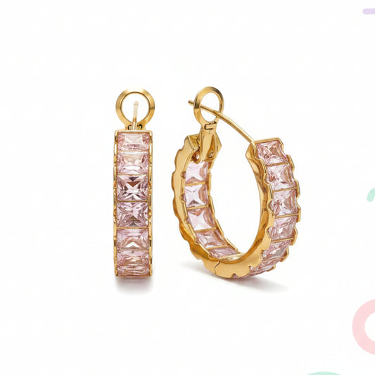 ORECCHINI A CERCHIO GOLD CON PIETRE ROSA - ELEGANTI, CHIC E RAFFINATI
