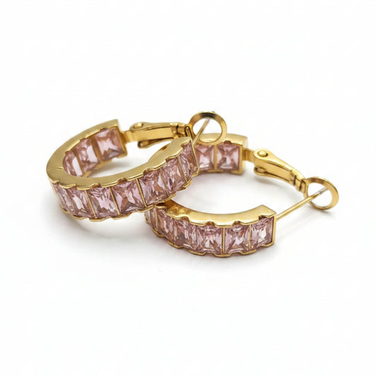 ORECCHINI A CERCHIO GOLD CON PIETRE ROSA - ELEGANTI, CHIC E RAFFINATI