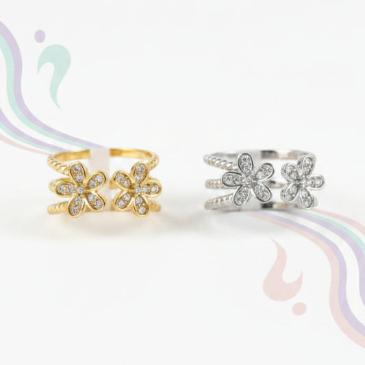 ANELLO FIORE IN ACCIAIO REGOLABILE CON DOPPIO FIORE E PUNTI LUCE - GOLD & SILVER