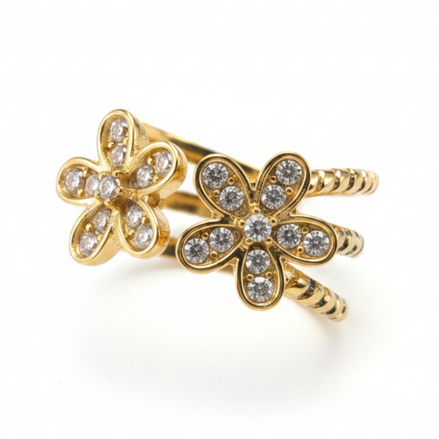 ANELLO FIORE IN ACCIAIO REGOLABILE CON DOPPIO FIORE E PUNTI LUCE - GOLD & SILVER