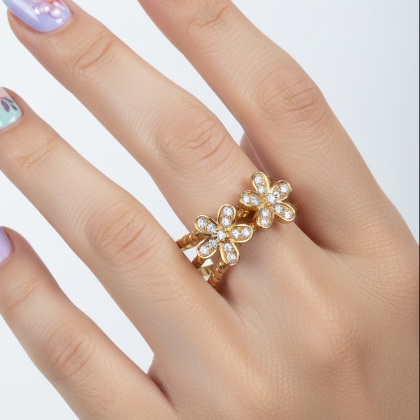 ANELLO FIORE IN ACCIAIO REGOLABILE CON DOPPIO FIORE E PUNTI LUCE - GOLD & SILVER