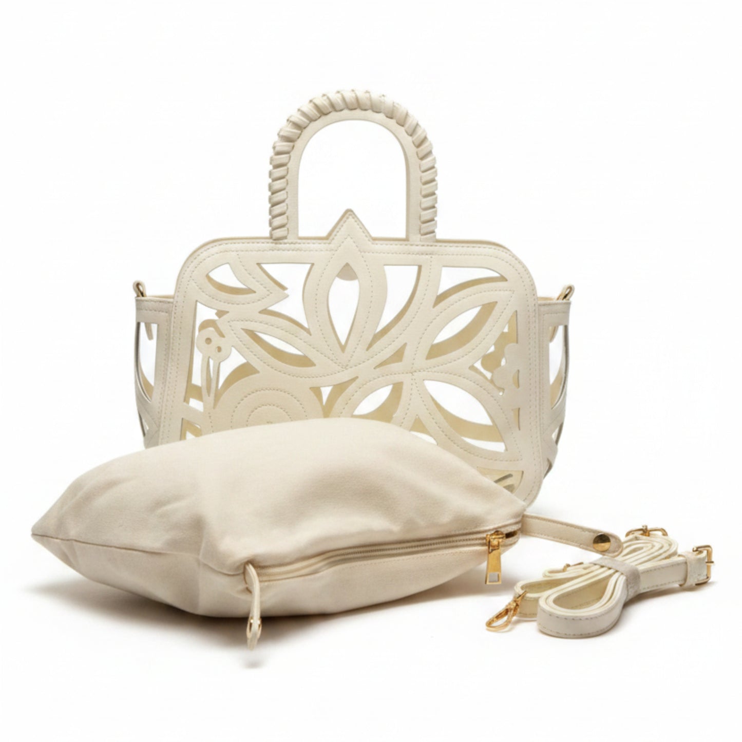 BORSA TRAFORATA BIANCA CON POCHETTE E TRACOLLA REMOVIBILE - STILE ESTIVO