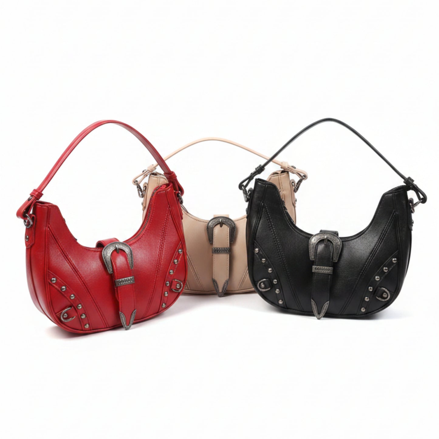 BORSA FASHION A MEZZALUNA CON BORCHIE E DOPPIA TRACOLLA