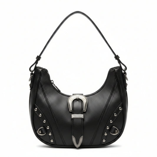 BORSA FASHION A MEZZALUNA CON BORCHIE E DOPPIA TRACOLLA