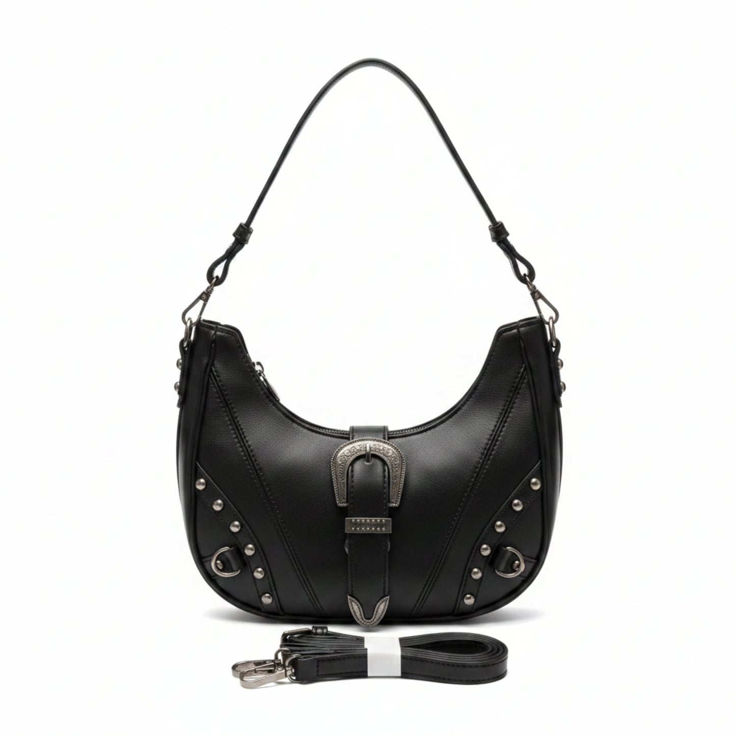 BORSA FASHION A MEZZALUNA CON BORCHIE E DOPPIA TRACOLLA