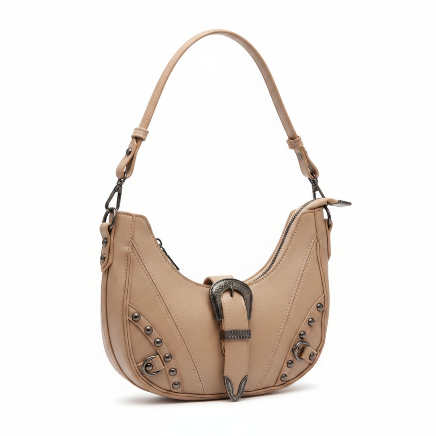 BORSA FASHION A MEZZALUNA CON BORCHIE E DOPPIA TRACOLLA
