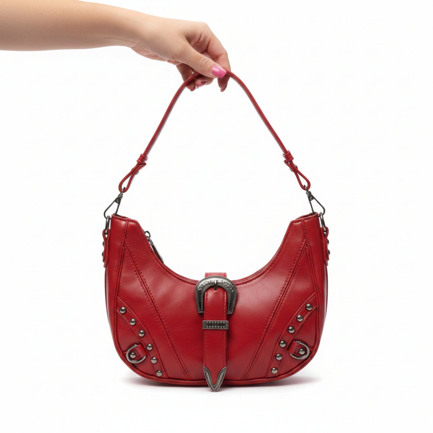 BORSA FASHION A MEZZALUNA CON BORCHIE E DOPPIA TRACOLLA