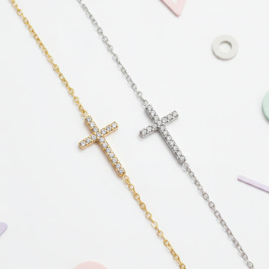 BRACCIALE IN ACCIAIO CON CROCE IN SILVER O GOLD CON BRILLANTINI