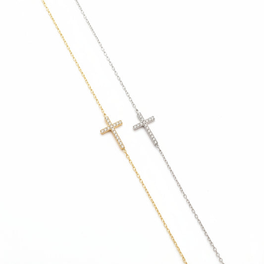 BRACCIALE IN ACCIAIO CON CROCE IN SILVER O GOLD CON BRILLANTINI